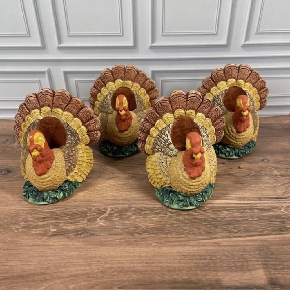 Hand Painted 3.5" Ceramic Fall Harvest Turkey Taper Candlestick Holders Set of 4